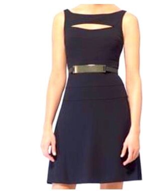 Cache Black Sleeveless Mini Dress with Front Cutout and Gold Plate Belt Size